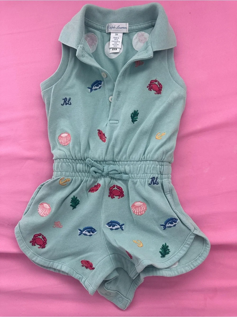 Ralph Lauren Seafoam Green Embroidered Polo Romper